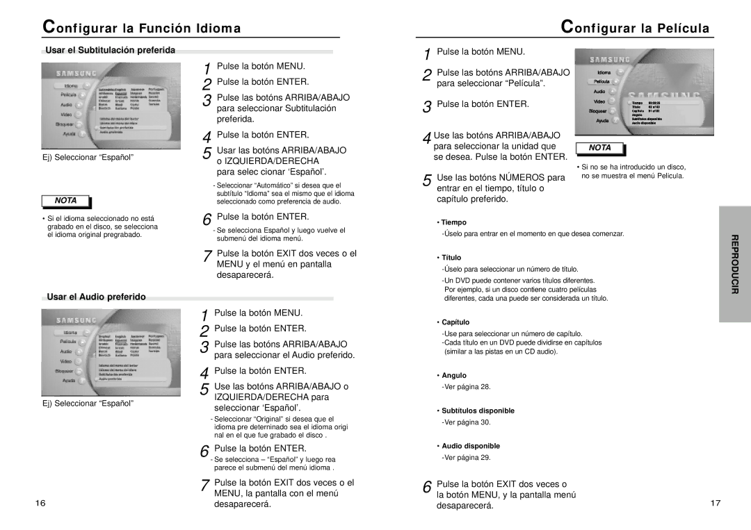 Samsung DVD-N505/XEC manual Configurar la Función Idioma Configurar la Película, Usar el Subtitulación preferida 