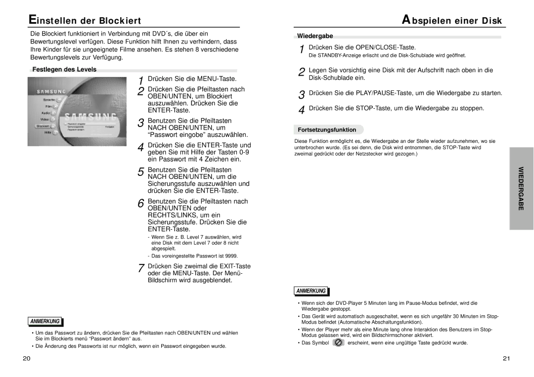 Samsung DVD-N505/XEG manual Einstellen der Blockiert, Abspielen einer Disk, Festlegen des Levels, Wiedergabe 