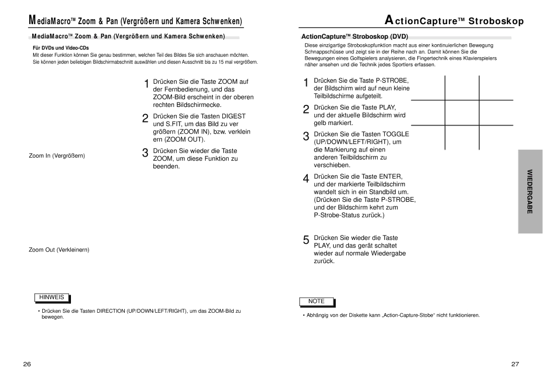 Samsung DVD-N505/XEG manual ActionCaptureTM Stroboskop DVD 