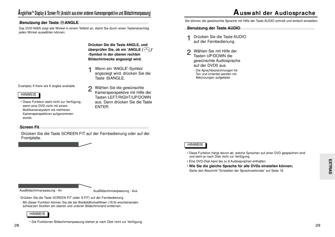 Samsung DVD-N505/XEG manual Auswahl der Audiosprache, Benutzung der Taste m Angle, Benutzung der Taste Audio, Screen Fit 