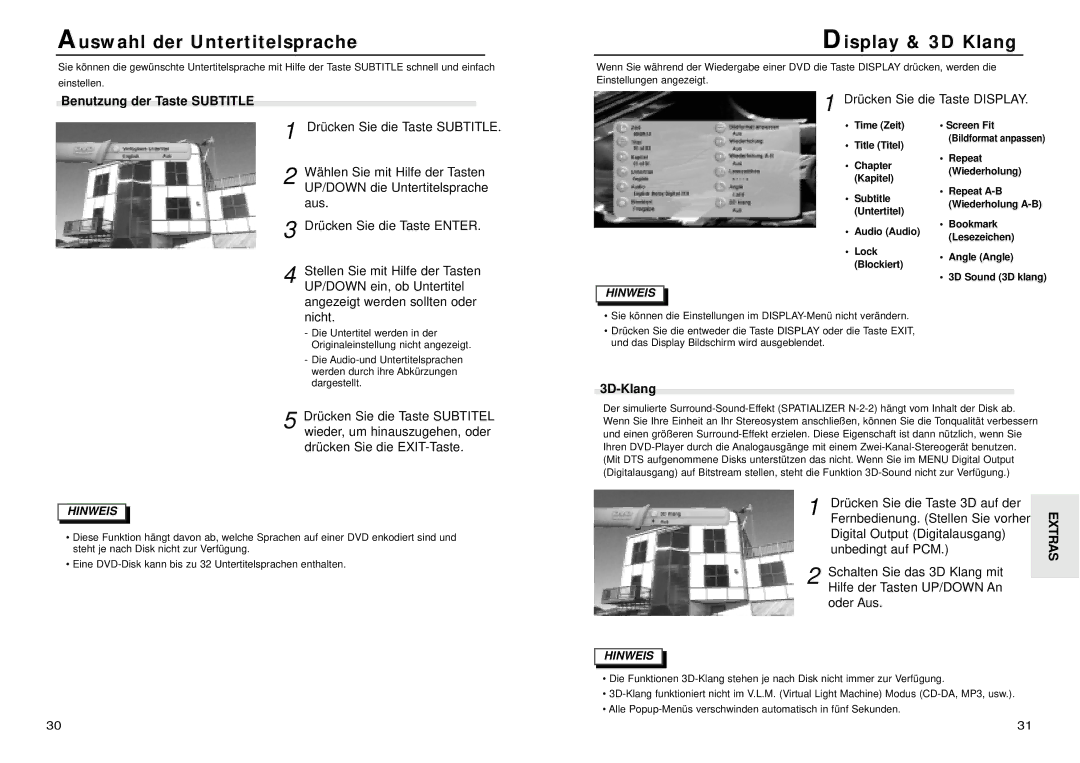 Samsung DVD-N505/XEG manual Auswahl der Untertitelsprache, Display & 3D Klang, Benutzung der Taste Subtitle, 3D-Klang 