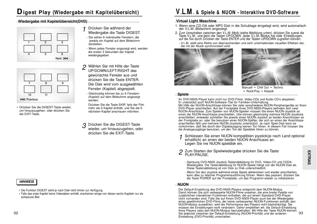 Samsung DVD-N505/XEG Wiedergabe mit KapitelübersichtDVD, Drücken Sie während der Wiedergabe die Taste Digest, Spiele, Nuon 