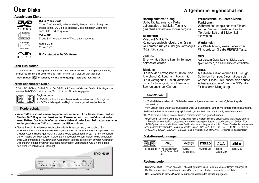 Samsung DVD-N505/XEG manual Über Disks, Allgemeine Eigenschaften, MP3, Hdcd 