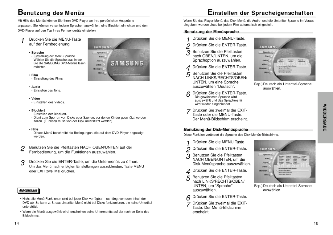 Samsung DVD-N505/XEG manual Benutzung des Menüs, Einstellen der Spracheigenschaften, Benutzung der Menüsprache 