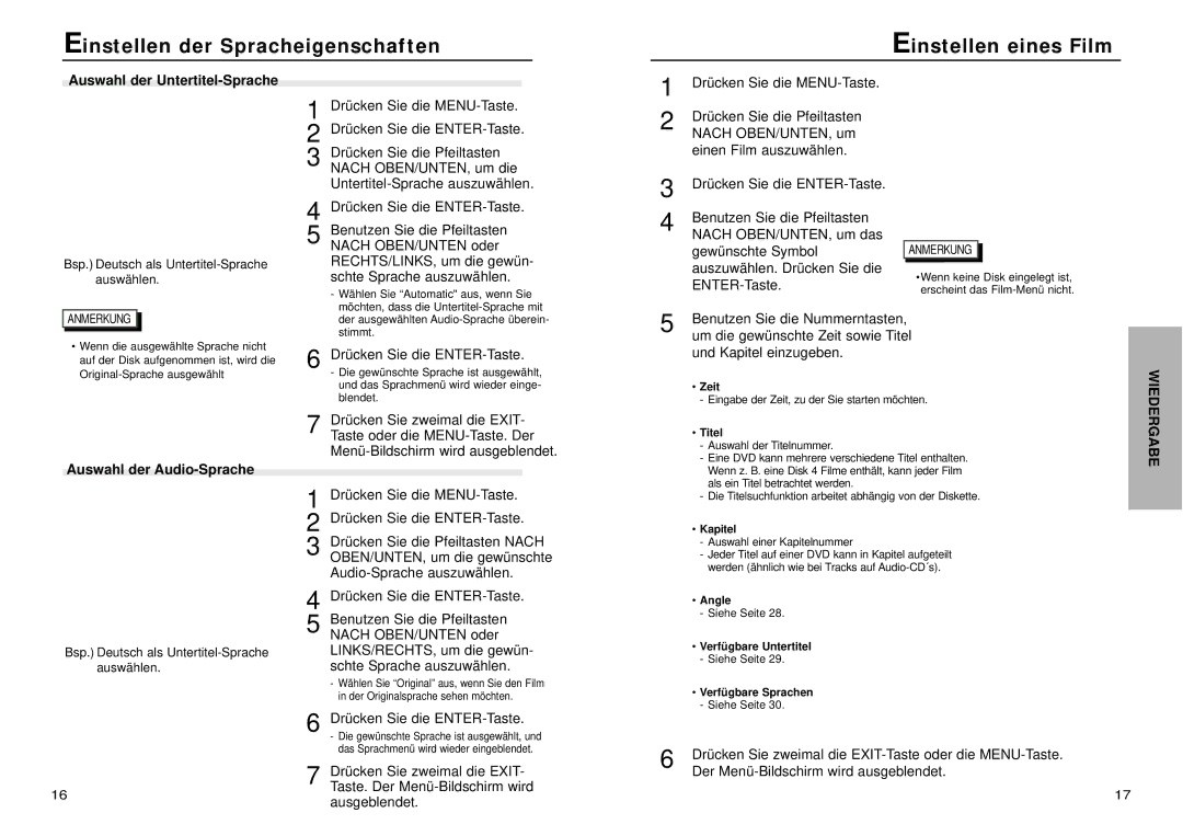 Samsung DVD-N505/XEG manual Einstellen der Spracheigenschaften Einstellen eines Film, Auswahl der Untertitel-Sprache 