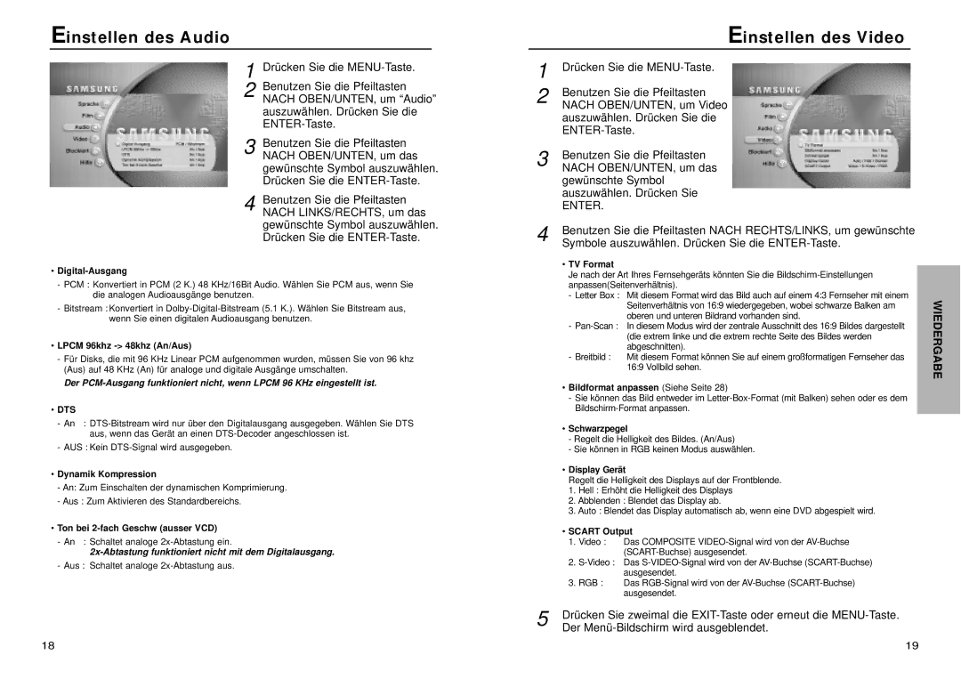 Samsung DVD-N505/XEG manual Einstellen des Audio, Einstellen des Video 