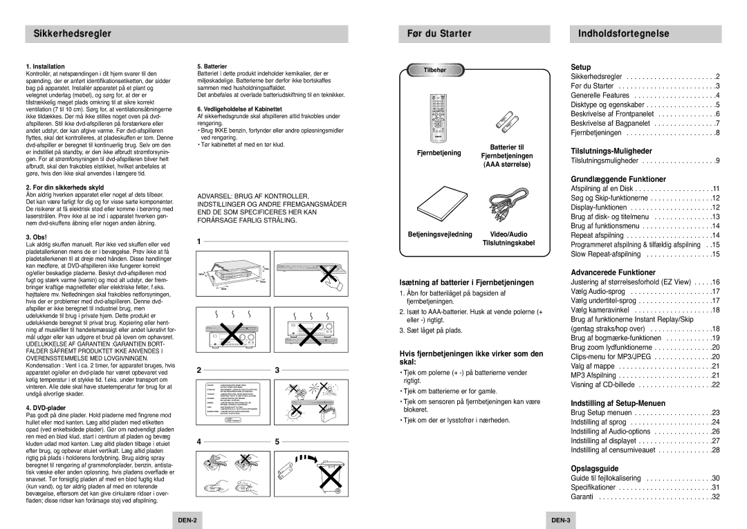 Samsung DVD-P142/XEE manual Sikkerhedsregler, Før du Starter, Indholdsfortegnelse 