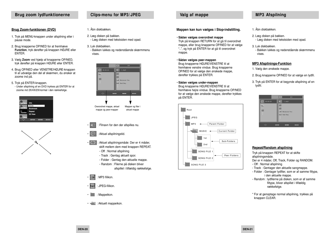 Samsung DVD-P142/XEE manual Brug Zoom-funktionen DVD, Mappen kan kun vælges i Stop-indstilling, MP3 Afspilnings-Funktion 