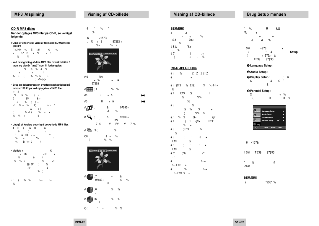 Samsung DVD-P142/XEE manual MP3 Afspilning Visning af CD-billede Brug Setup menuen, CD-R MP3 disks, CD-R Jpeg Disks 