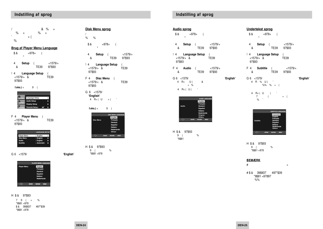 Samsung DVD-P142/XEE Indstilling af sprog, Brug af Player Menu Language, Disk Menu sprog, Audio sprog, Undertekst sprog 