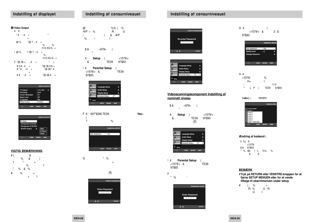 Samsung DVD-P142/XEE manual Indstilling af displayet Indstilling af censurniveauet, Ændring af kodeord, Video Output 