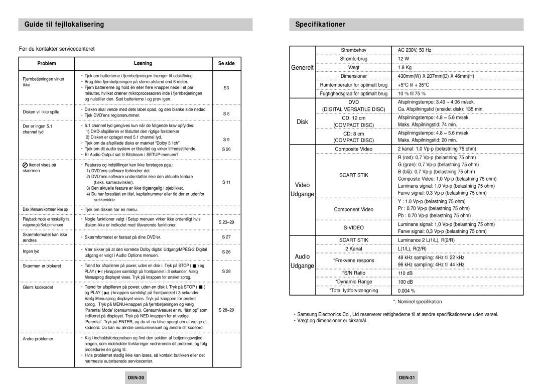 Samsung DVD-P142/XEE manual Guide til fejllokalisering, Specifikationer, Problem Løsning Se side 