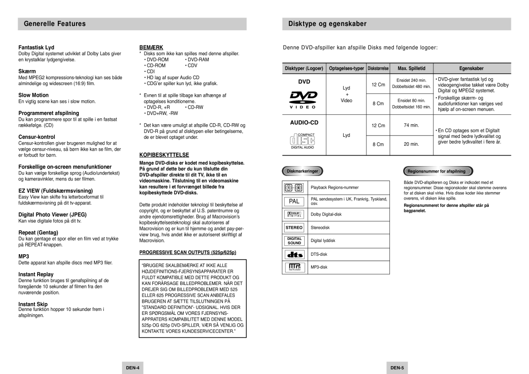 Samsung DVD-P142/XEE manual Generelle Features, Disktype og egenskaber 