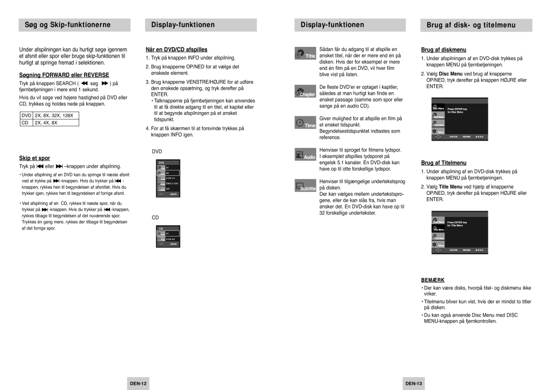 Samsung DVD-P142/XEE manual Søgning Forward eller Reverse, Skip et spor, Når en DVD/CD afspilles, Brug af diskmenu 