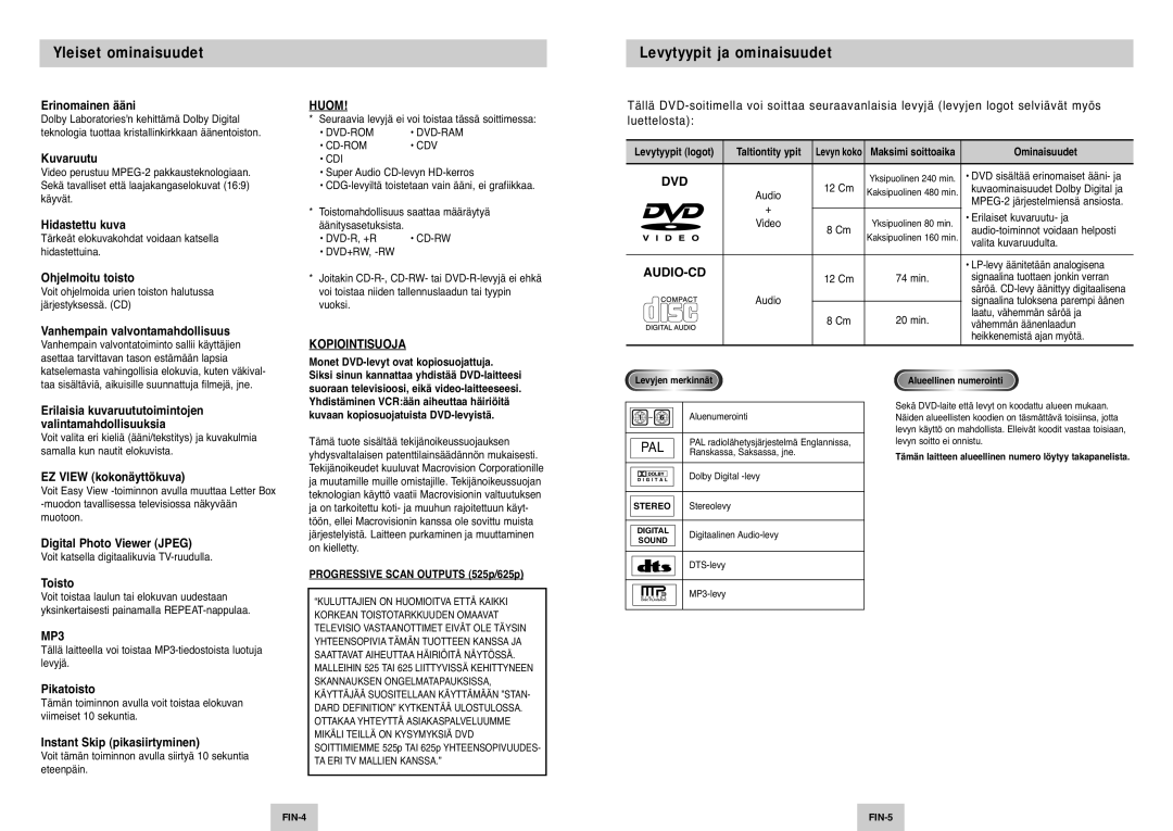 Samsung DVD-P142/XEE manual Yleiset ominaisuudet, Levytyypit ja ominaisuudet 