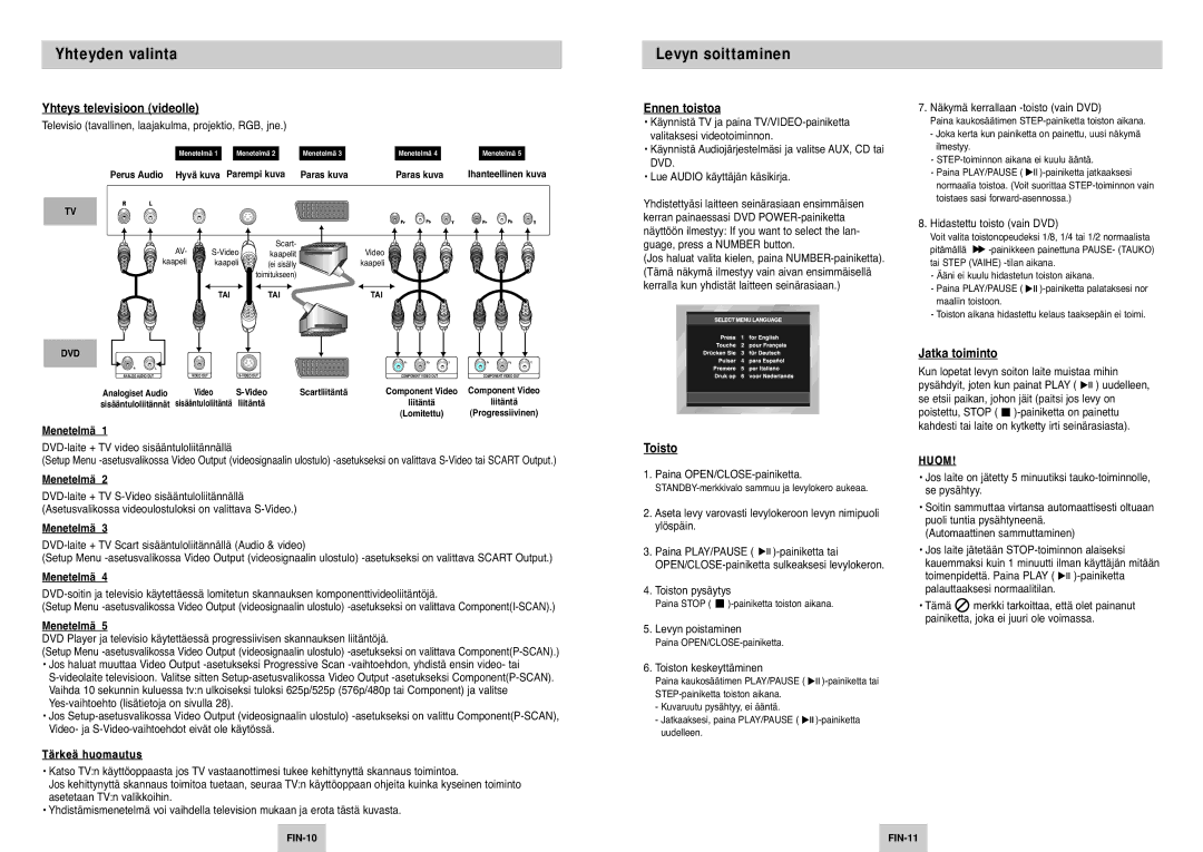 Samsung DVD-P142/XEE manual Levyn soittaminen, Yhteys televisioon videolle, Ennen toistoa, Jatka toiminto 