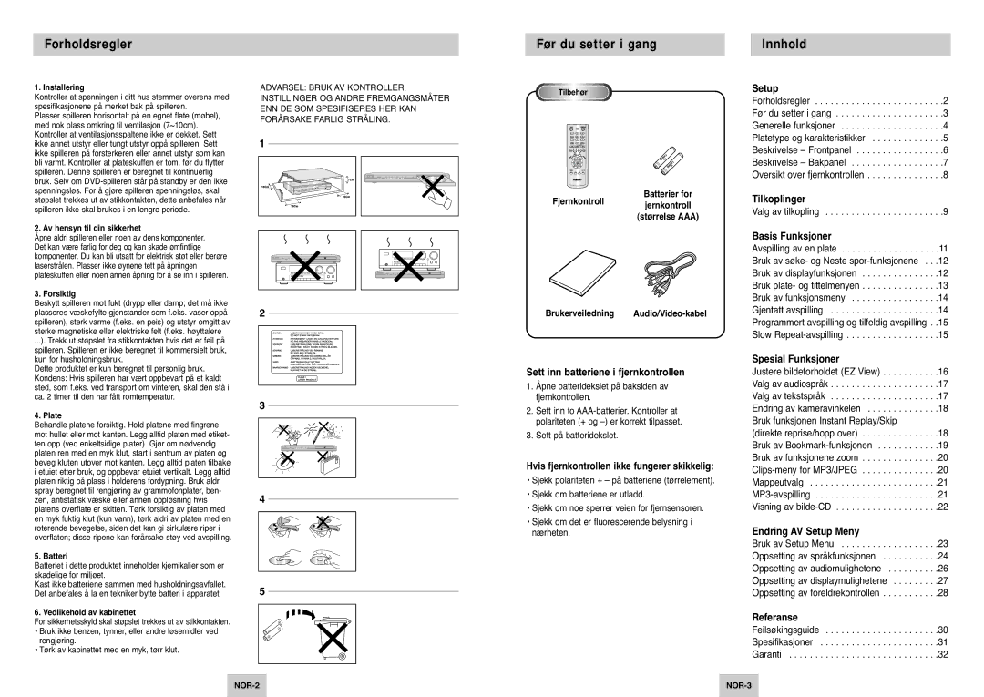 Samsung DVD-P142/XEE manual Forholdsregler, Før du setter i gang, Innhold 