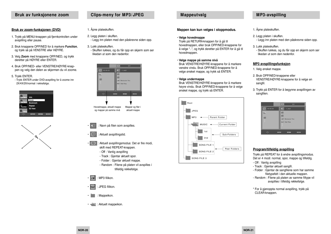 Samsung DVD-P142/XEE manual Bruk av zoom-funksjonen DVD, Mappen kan kun velges i stoppmodus, MP3 avspillingsfunksjon 