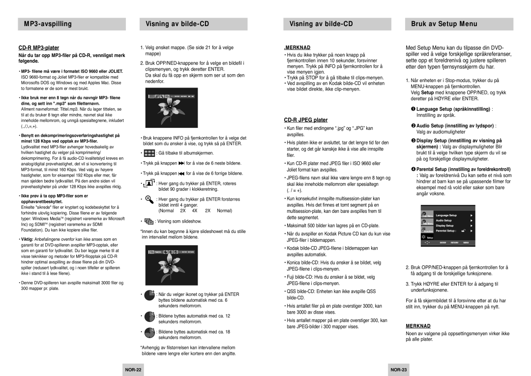 Samsung DVD-P142/XEE manual MP3-avspilling Visning av bilde-CD Bruk av Setup Menu, CD-R MP3-plater, CD-R Jpeg plater 