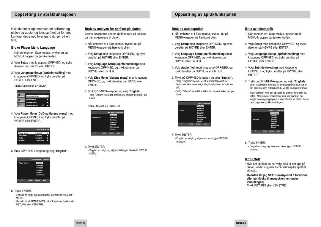 Samsung DVD-P142/XEE manual Oppsetting av språkfunksjonen, Bruke Player Menu Language, Bruk av menyen for språket på platen 