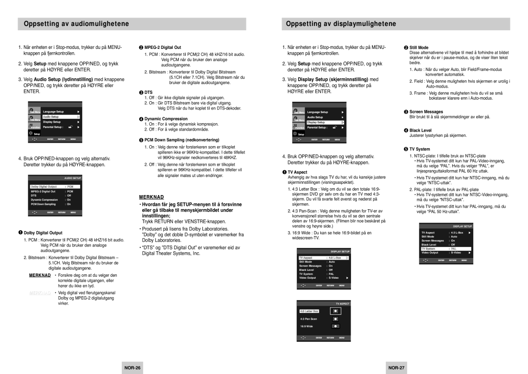 Samsung DVD-P142/XEE manual MPEG-2 Digital Out, Still Mode, Screen Messages Dynamic Compression, Black Level, TV Aspect 