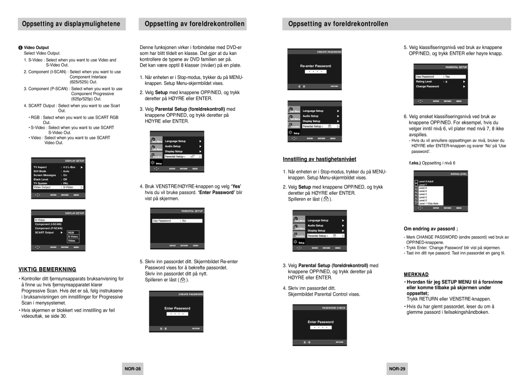 Samsung DVD-P142/XEE manual Oppsetting av foreldrekontrollen, Innstilling av hastighetsnivået, Om endring av passord 