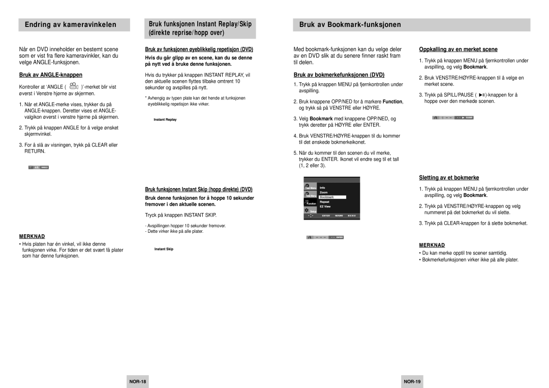 Samsung DVD-P142/XEE manual Endring av kameravinkelen, Bruk av Bookmark-funksjonen 