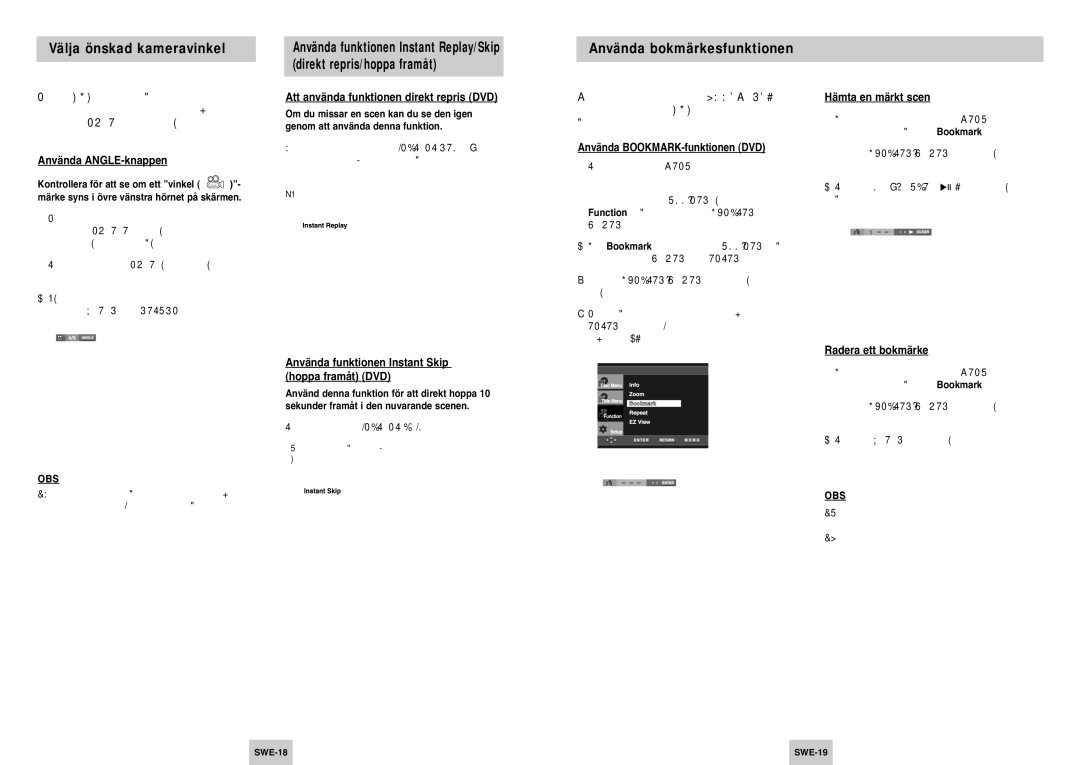 Samsung DVD-P142/XEE manual Välja önskad kameravinkel, Använda bokmärkesfunktionen 