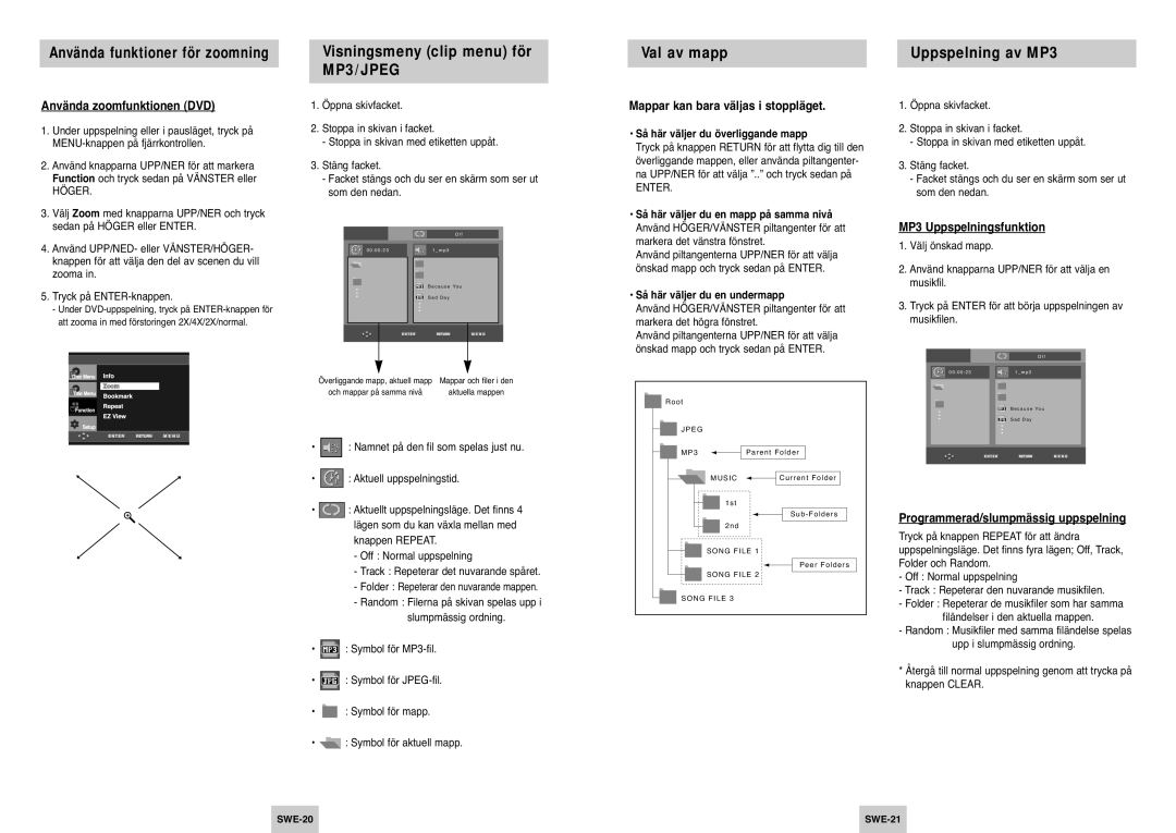 Samsung DVD-P142/XEE manual Använda zoomfunktionen DVD, Mappar kan bara väljas i stoppläget, MP3 Uppspelningsfunktion 