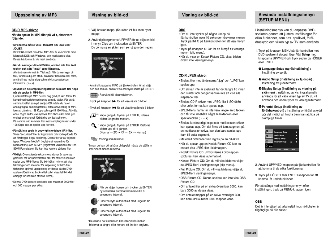 Samsung DVD-P142/XEE manual CD-R MP3-skivor, CD-R Jpeg skivor, När du spelar in MP3-filer på vd-r, observera följande 