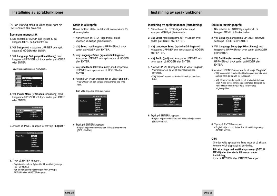 Samsung DVD-P142/XEE Inställning av språkfunktioner, Spelarens menyspråk, Ställa in skivspråk, Ställa in textningsspråk 
