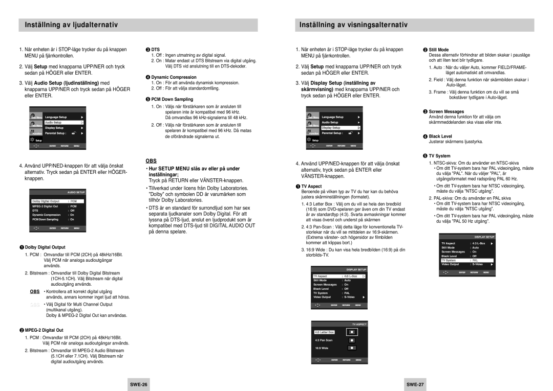 Samsung DVD-P142/XEE manual Inställning av ljudalternativ, Inställning av visningsalternativ 