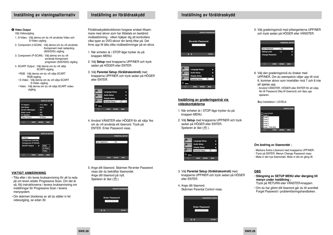 Samsung DVD-P142/XEE manual Inställning av föräldraskydd, Inställning av graderingsnivå via videokontakterna 