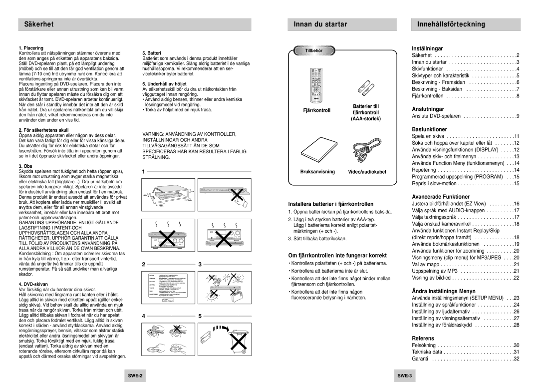 Samsung DVD-P142/XEE manual Säkerhet, Innan du startar, Innehållsförteckning 