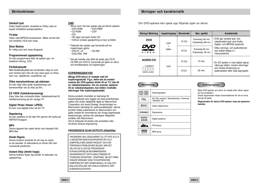 Samsung DVD-P142/XEE manual Skivfunktioner, Skivtyper och karakteristik 