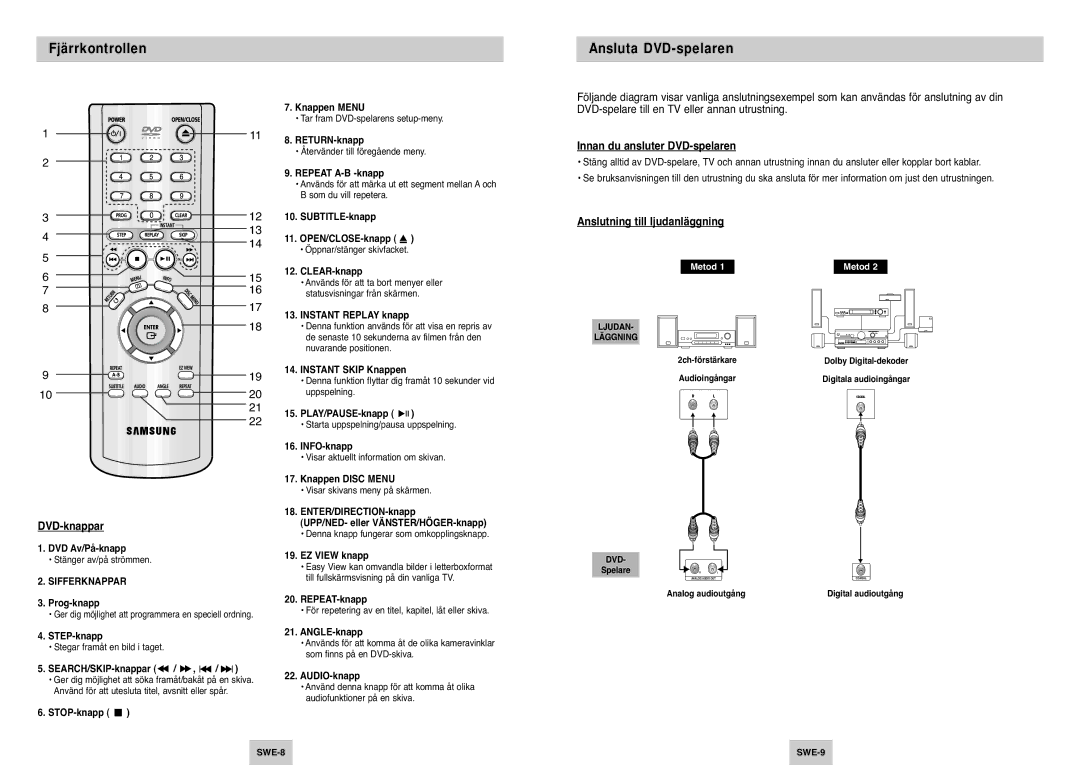 Samsung DVD-P142/XEE manual Fjärrkontrollen, Ansluta DVD-spelaren, DVD-knappar, Innan du ansluter DVD-spelaren 