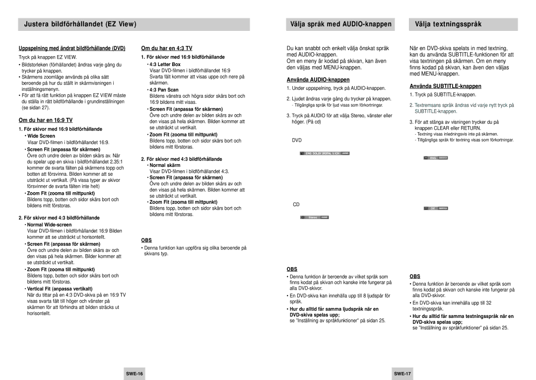 Samsung DVD-P142/XEE manual Justera bildförhållandet EZ View, Välja textningsspråk 