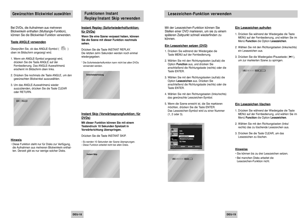 Samsung DVD-P142/XEG, DVD-P142/XET manual Gewünschten Blickwinkel auswählen, Lesezeichen-Funktion verwenden 