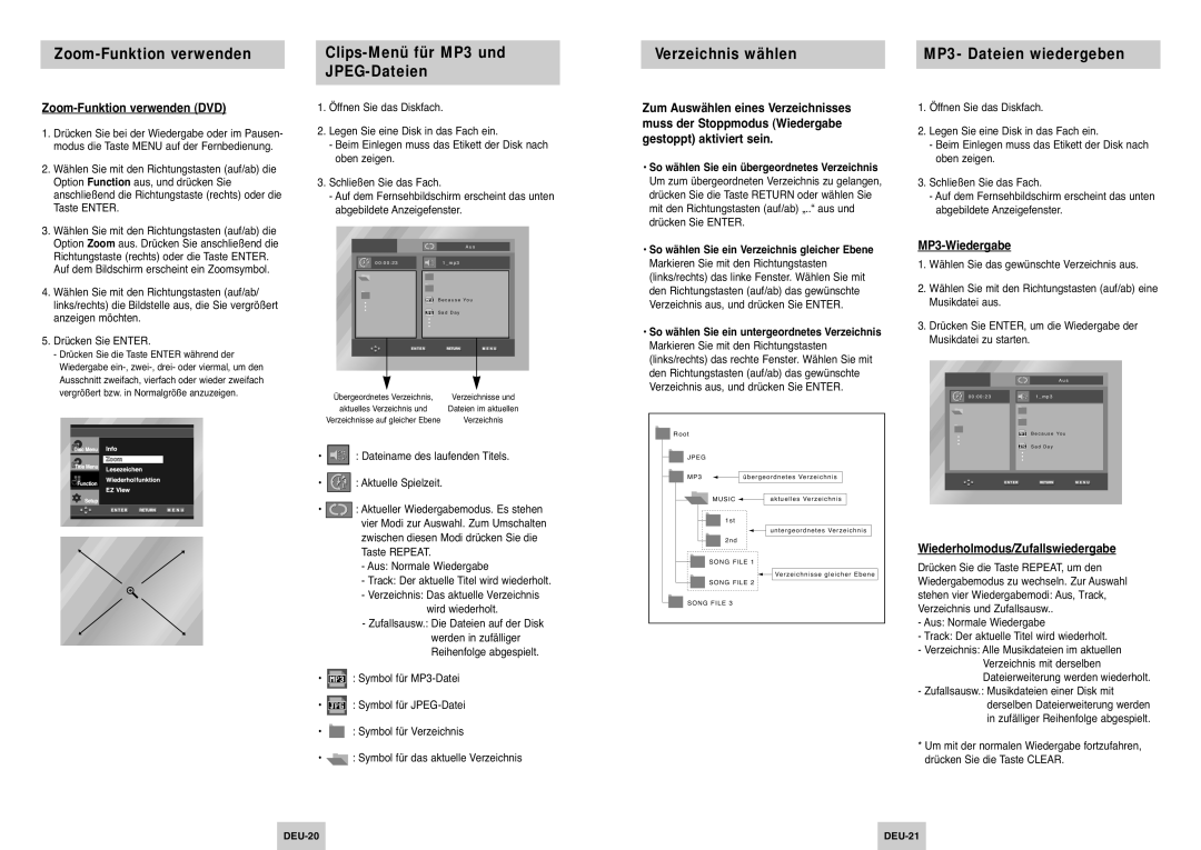 Samsung DVD-P142/XET, DVD-P142/XEG manual Zoom-Funktion verwenden DVD, MP3-Wiedergabe, Wiederholmodus/Zufallswiedergabe 