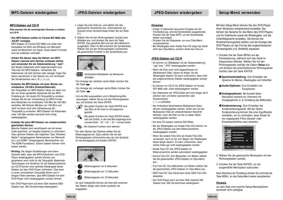 Samsung DVD-P142/XEG manual MP3-Dateien auf CD-R, JPEG-Dateien auf CD-R, Audio-Optionen Zum Einstellen von Tonoptionen 