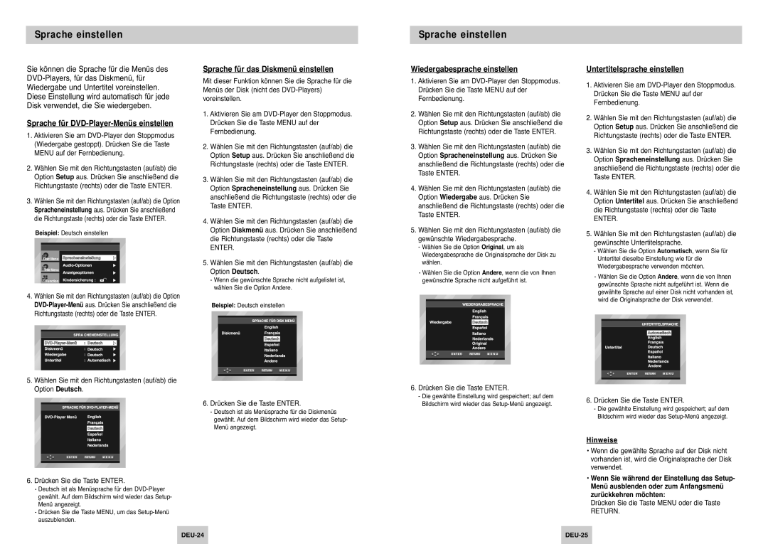 Samsung DVD-P142/XET, DVD-P142/XEG Sprache einstellen, Sprache für das Diskmenü einstellen, Wiedergabesprache einstellen 