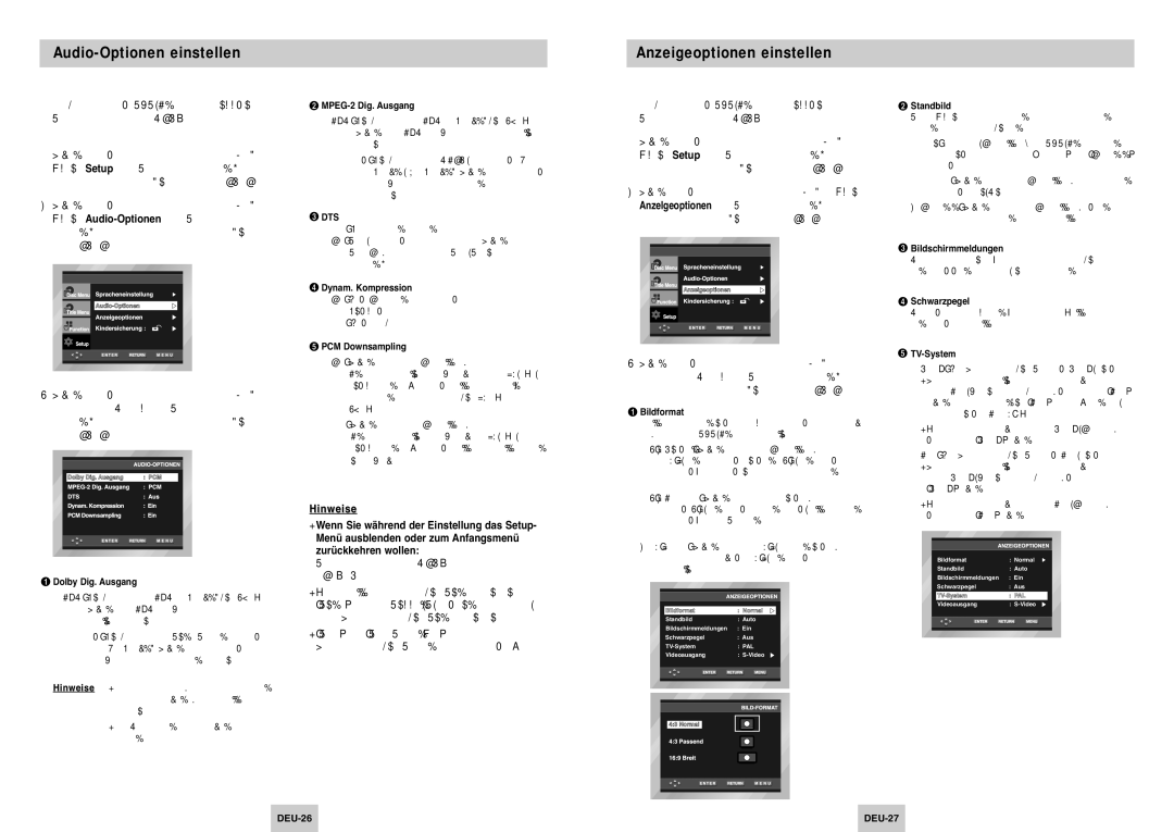Samsung DVD-P142/XEG Audio-Optionen einstellen, Anzeigeoptionen einstellen, Drücken Sie die Taste Menu bzw. die Taste 
