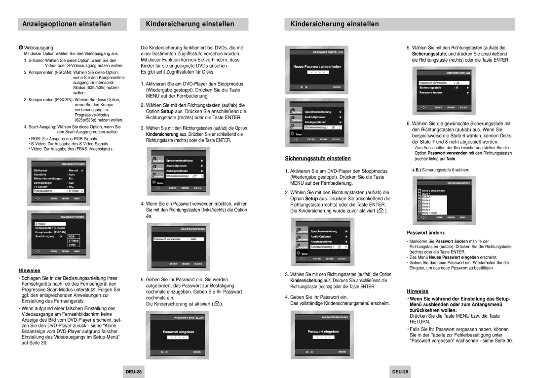 Samsung DVD-P142/XET Anzeigeoptionen einstellen Kindersicherung einstellen, Sicherungsstufe einstellen, Passwort ändern 