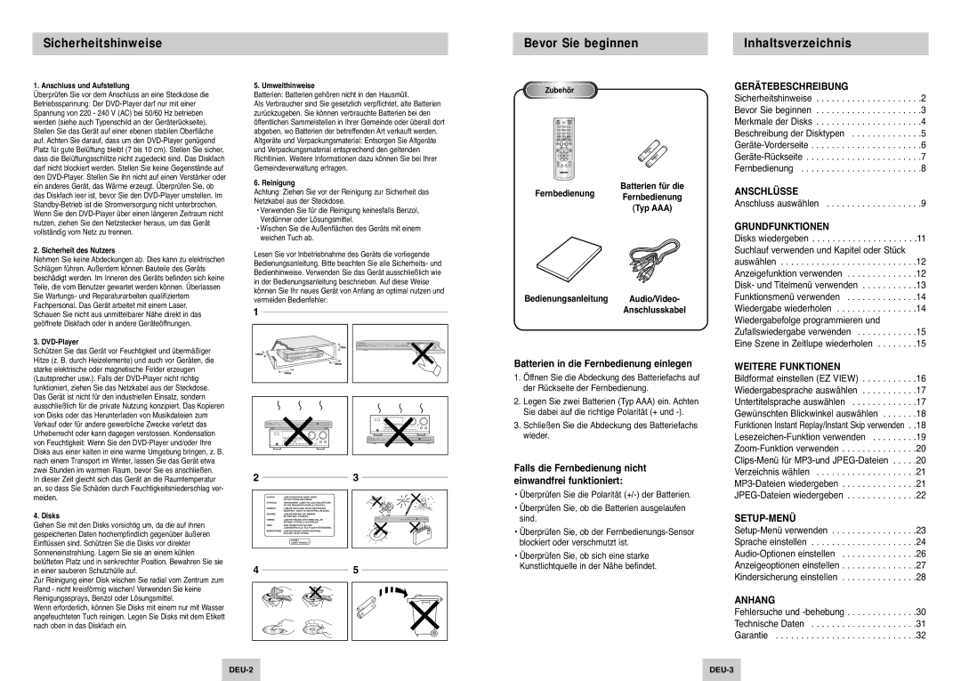 Samsung DVD-P142/XEG Sicherheitshinweise, Bevor Sie beginnen, Inhaltsverzeichnis, Batterien in die Fernbedienung einlegen 