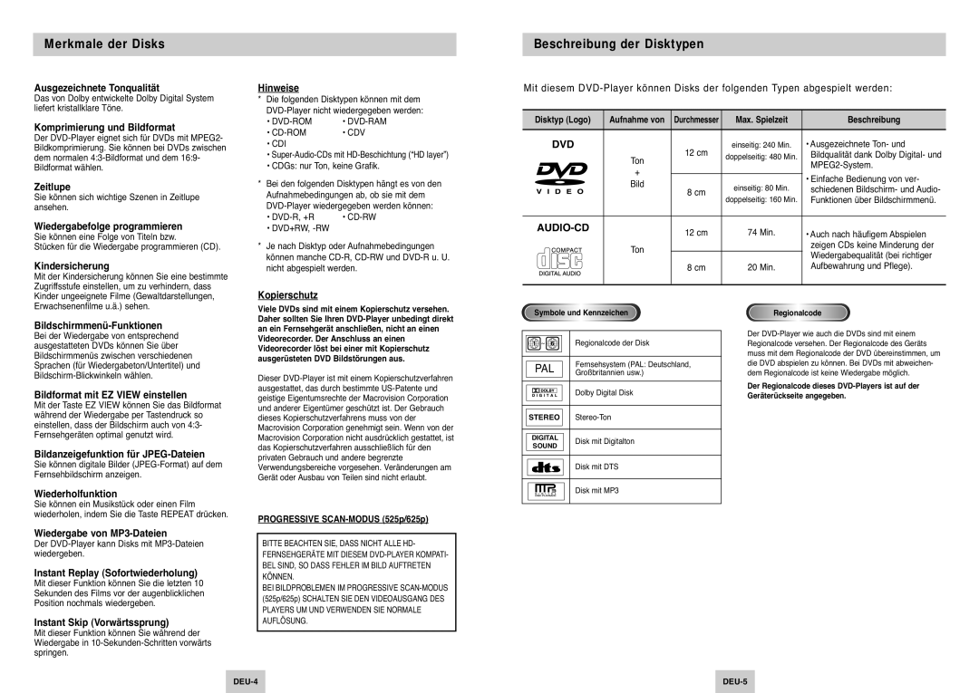 Samsung DVD-P142/XET, DVD-P142/XEG manual Merkmale der Disks, Beschreibung der Disktypen 