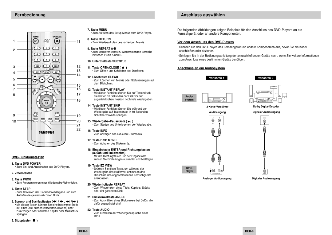 Samsung DVD-P142/XET Fernbedienung, Anschluss auswählen, Vor dem Anschluss des DVD-Players, Anschluss an ein Audiosystem 