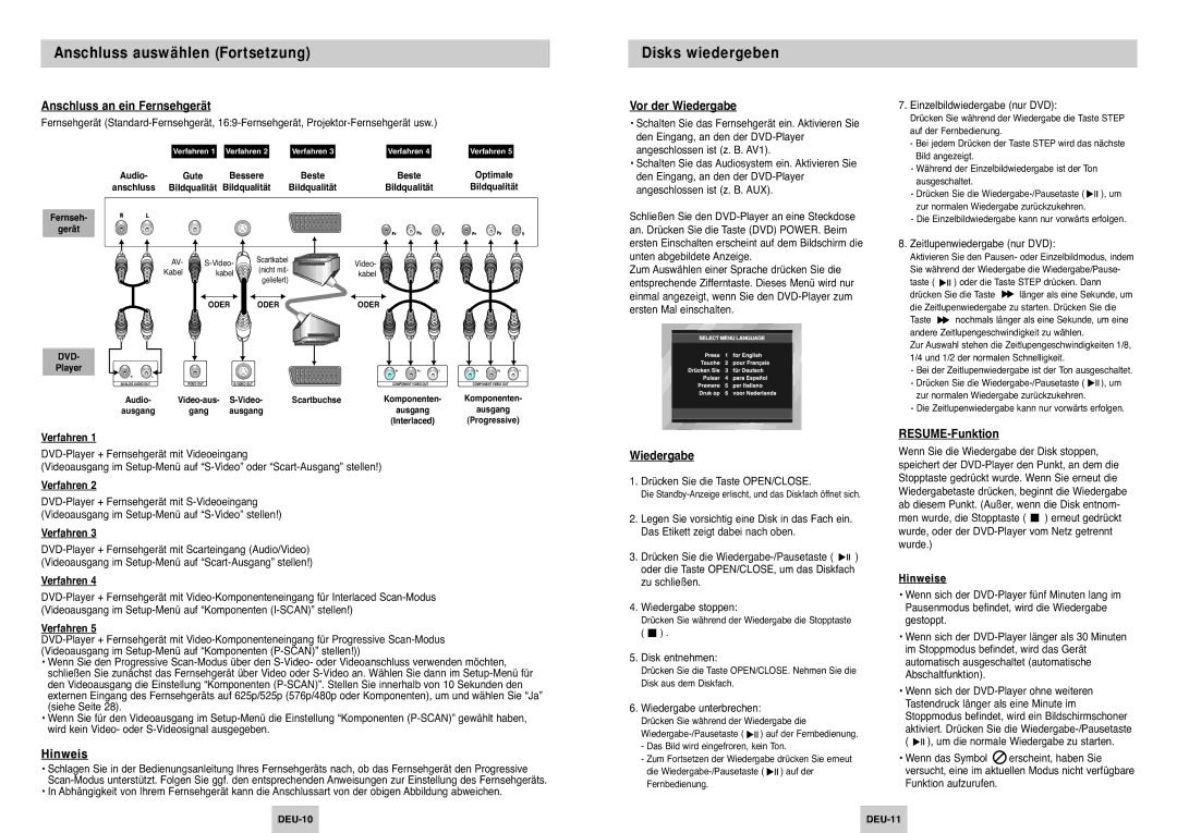 Samsung DVD-P142/XEG, DVD-P142/XET manual Anschluss auswählen Fortsetzung, Disks wiedergeben 