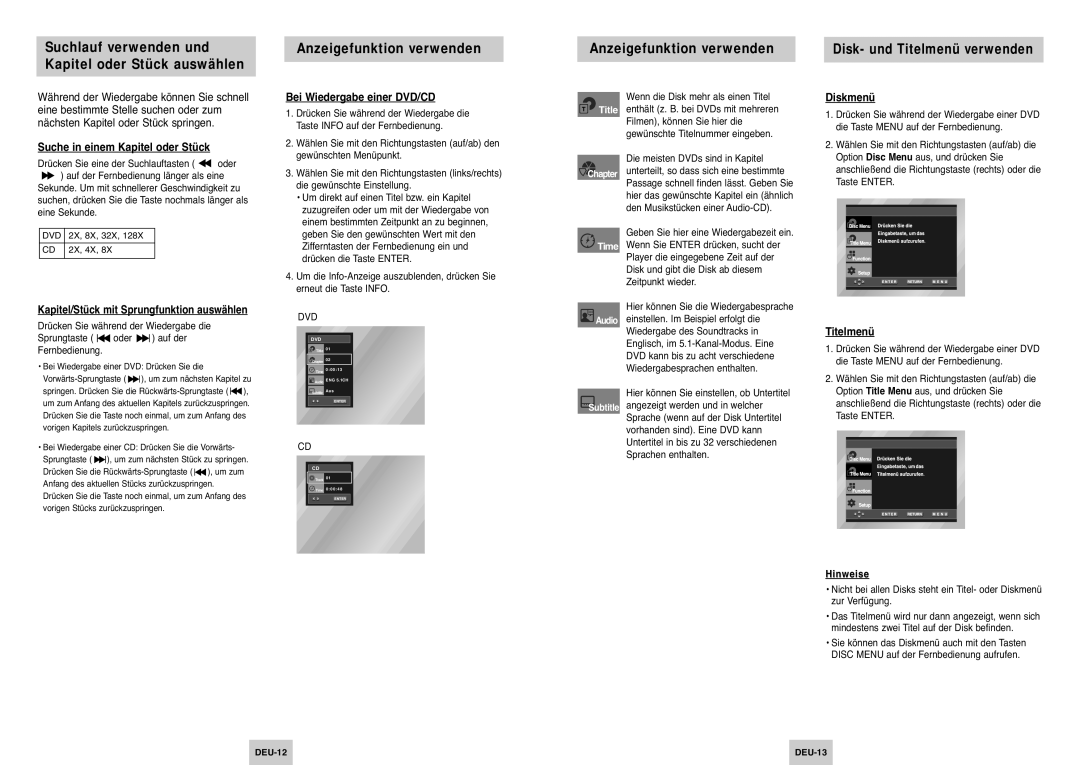 Samsung DVD-P142/XET Suche in einem Kapitel oder Stück, Kapitel/Stück mit Sprungfunktion auswählen, Diskmenü, Titelmenü 