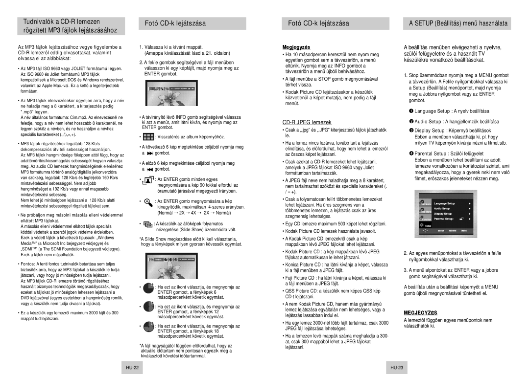 Samsung DVD-P142/XEL, DVD-P142A/XEH, DVD-P142/XEH Fotó CD-k lejátszása, Setup Beállítás menü használata, CD-R Jpeg lemezek 