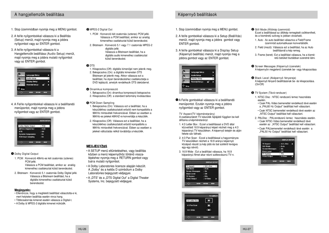 Samsung DVD-P142/XEH, DVD-P142/XEL, DVD-P142A/XEH manual Hangjellemzôk beállítása, Képernyô beállítások 